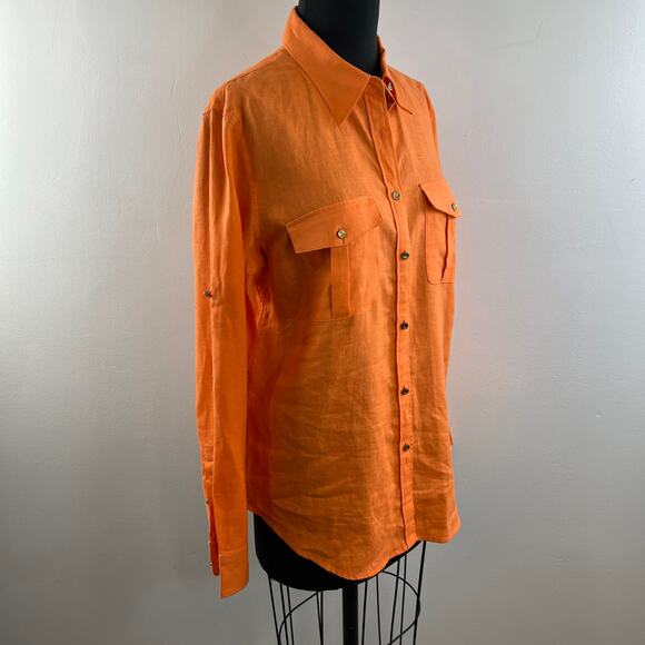 Lauren Ralph Lauren Linen Button Down Top Orange Long Sleeve Pockets Size L - Picture 4 of 12